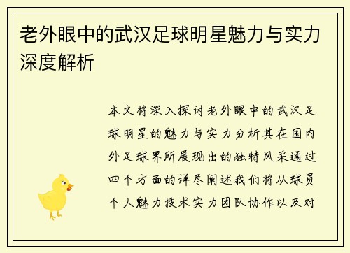 老外眼中的武汉足球明星魅力与实力深度解析